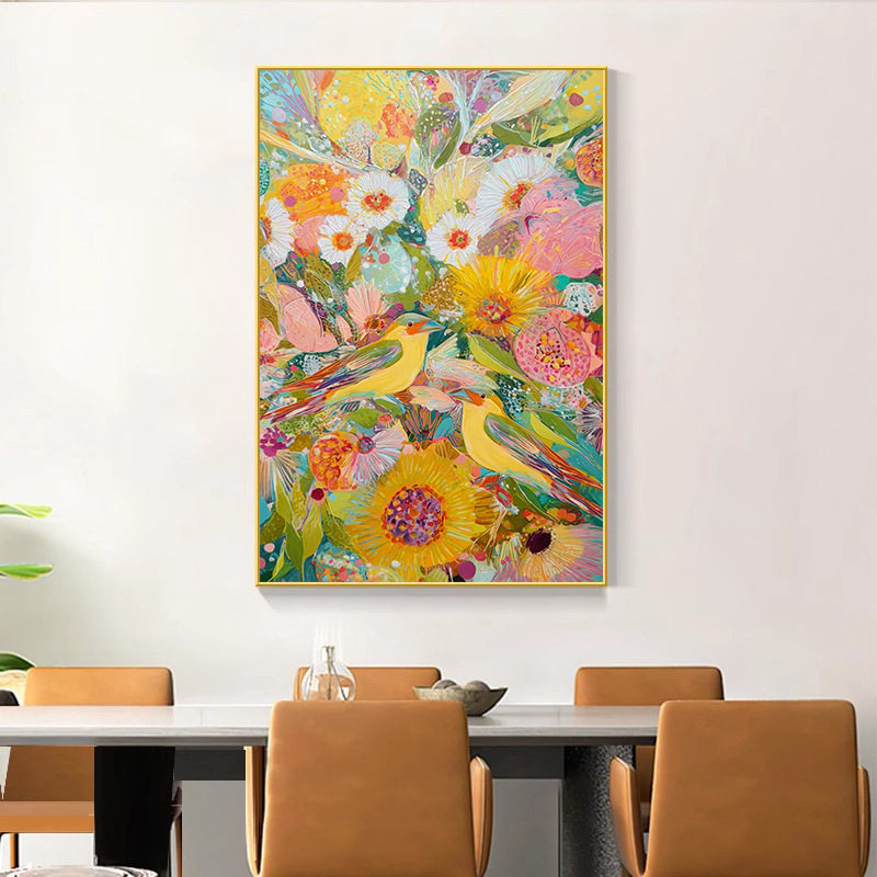 顺丰《鸟语花香》现代简约手绘油画客厅装饰画餐厅饭桌玄关挂画