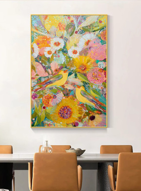 顺丰《鸟语花香》现代简约手绘油画客厅装饰画餐厅饭桌玄关挂画