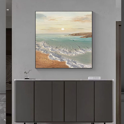 手绘油画轻奢餐厅装饰画现代简约日出海景饭厅挂画正方形手工壁画