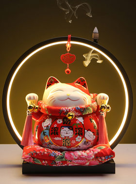 招财猫7寸灯圈摆件创意家居招财摆件大号陶瓷存钱罐店铺客厅开业