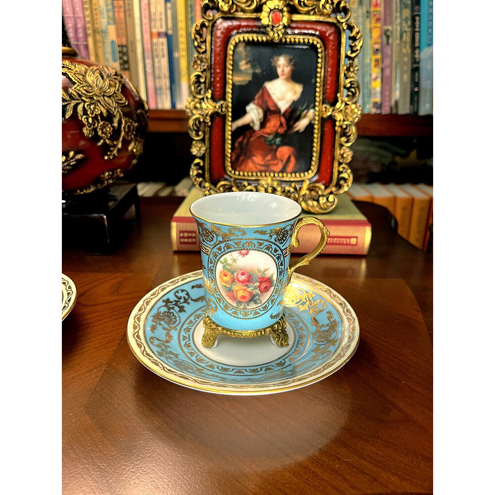 一等品 蓬帕度浅蓝 铜配瓷法式宫廷风咖啡杯英式下午茶杯碟