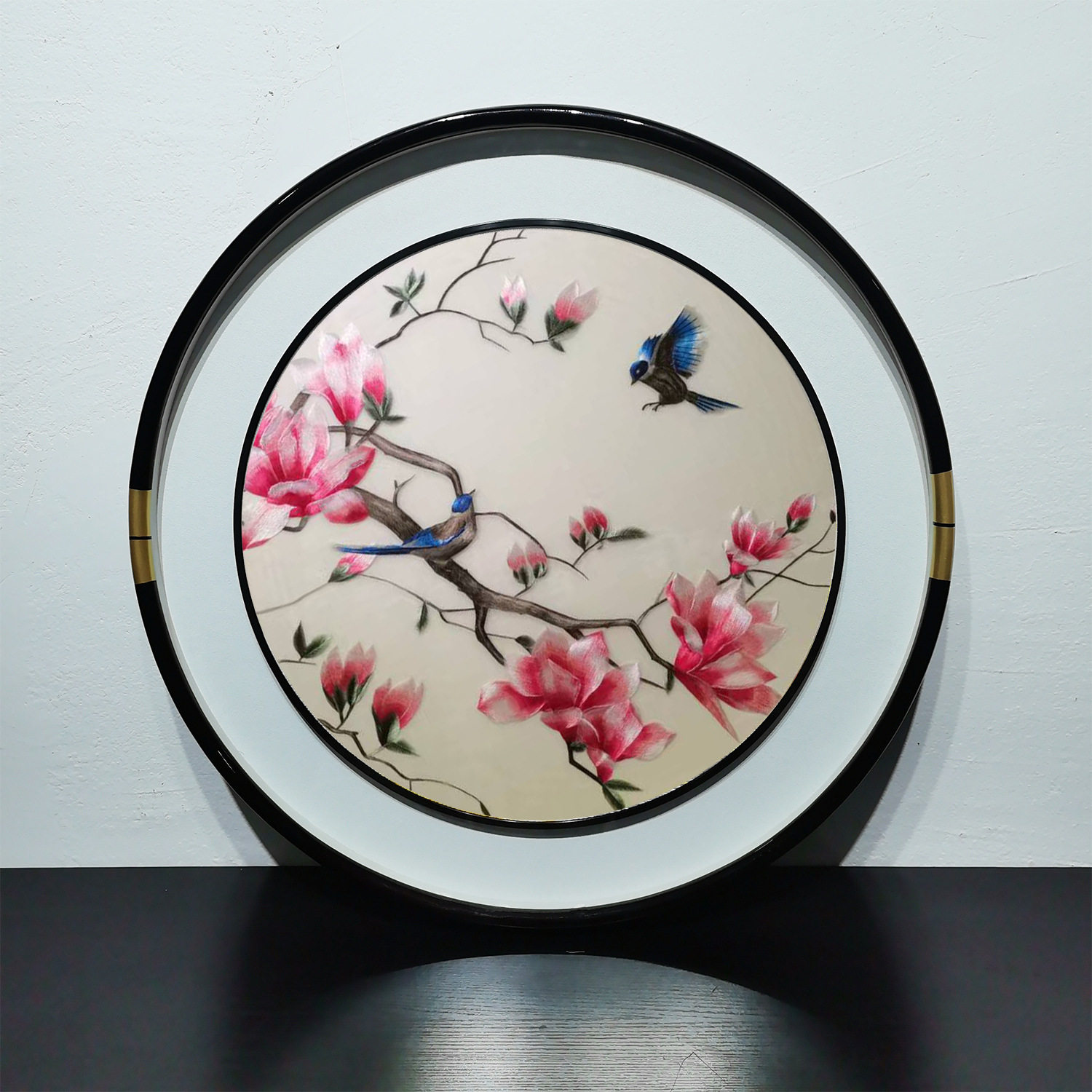 苏绣圆形挂画新中式玄关客厅餐厅实木古典古风刺绣装饰画