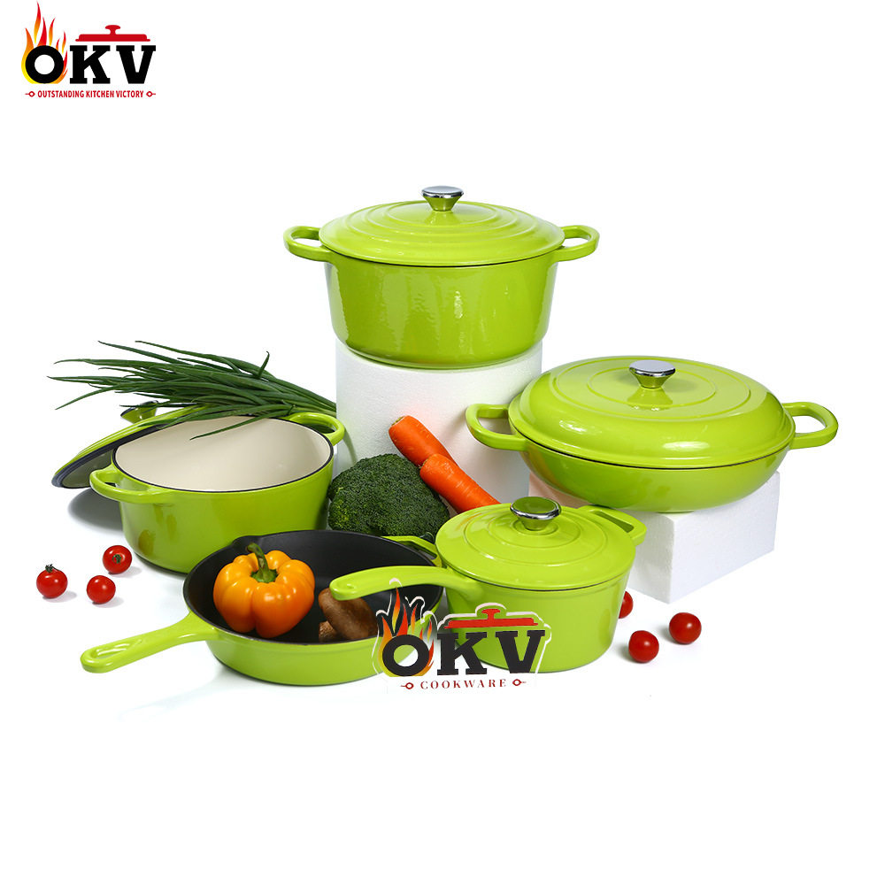 珐琅锅五件套 铸铁搪瓷锅炊具套装 Cast iron enamel pot set