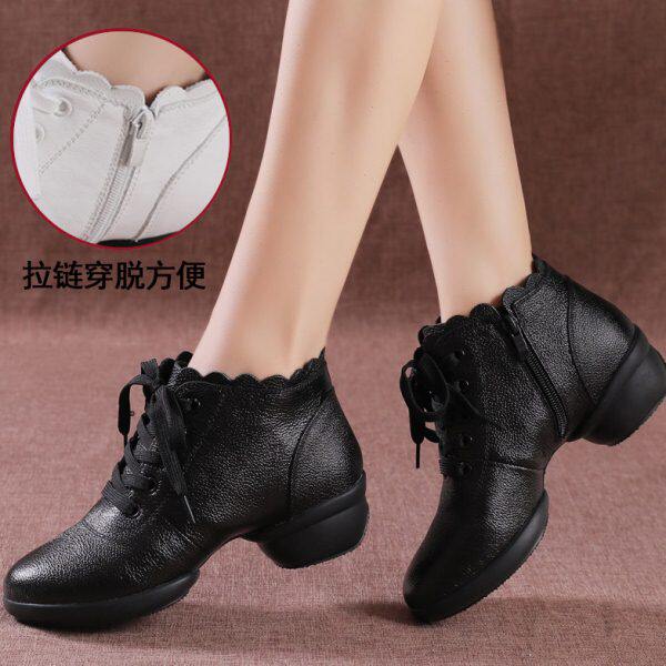 秋冬季舞蹈鞋女士软底白色真皮运动跳舞鞋外穿时尚四季广场舞鞋子