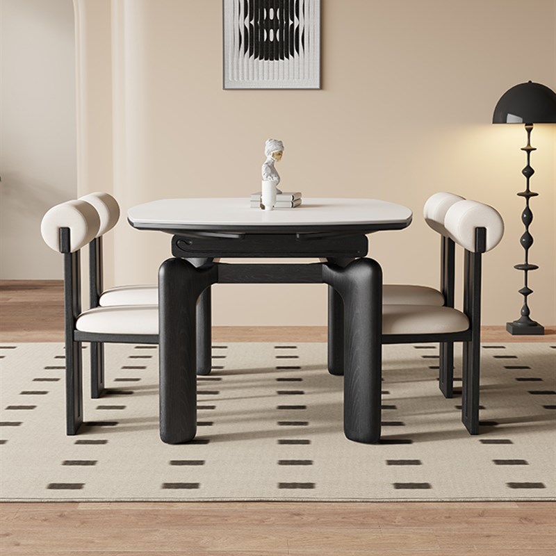 黑色覆古风大象腿伸缩岩板餐桌z可变圆桌折叠两用法式实木吃饭桌