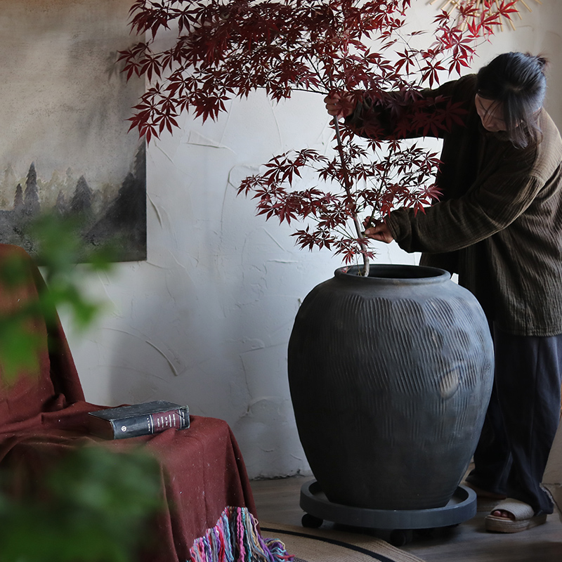 复古灰色陶罐g侘寂风造景装饰花园翁缸粗陶土陶落地圆形大肚大花