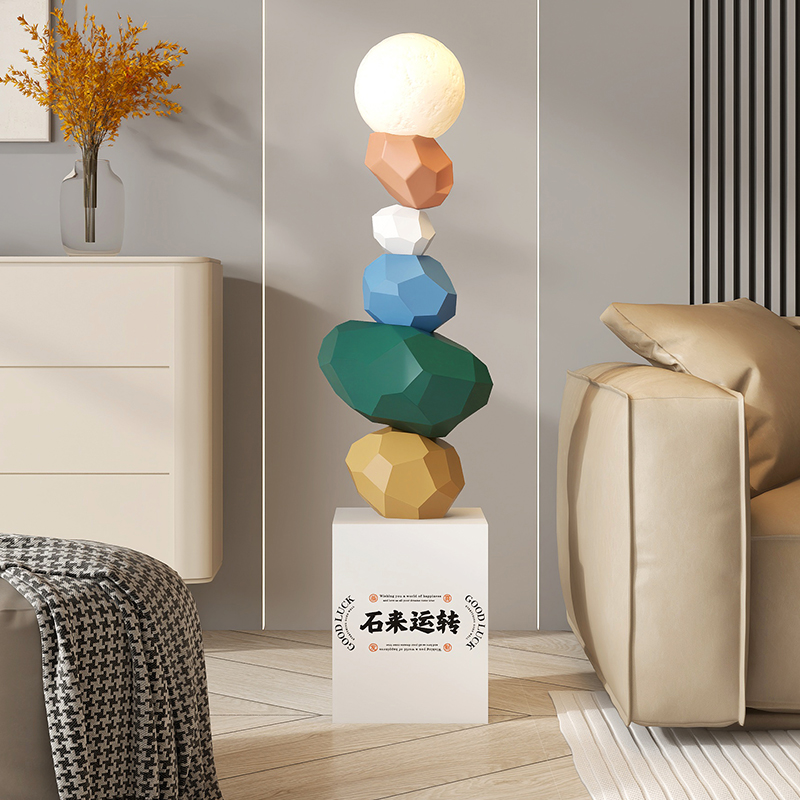 新中式石头大型落地摆件家居饰品轻奢客厅电O视柜沙发旁灯乔迁礼