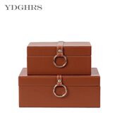 卧室梳妆台首饰盒创意红色皮革实木饰品盒样板房间新中式 玄关摆件