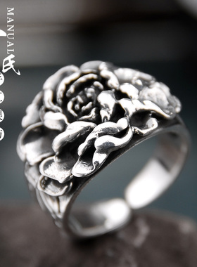 寸氏原创99g足银纯手工牡丹戒指 雪花银指环 情侣对戒个性银戒指