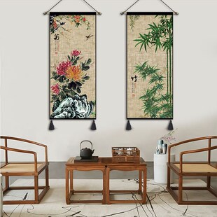 中式休兰梅菊挂画布艺餐厅茶室装饰画民宿过道挂毯竹息室布画定制