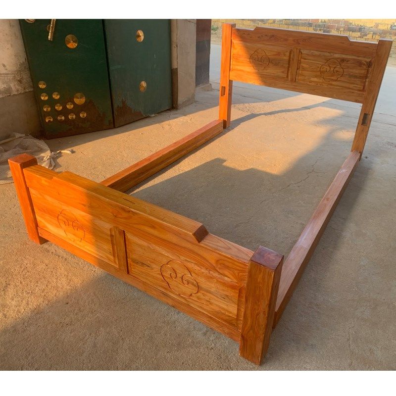 实木床双人单人老榆木床雕刻中式简约结实1.8米1.5米木头板床