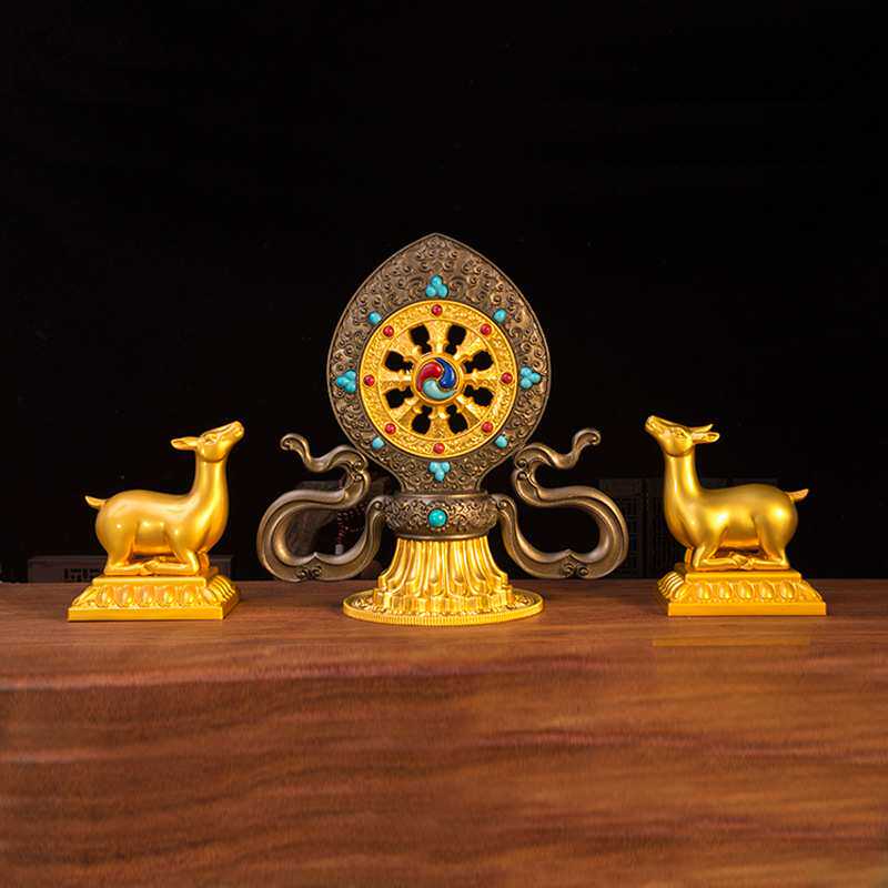 轮王七珍双鹿法轮摆件法轮宝七政宝小号