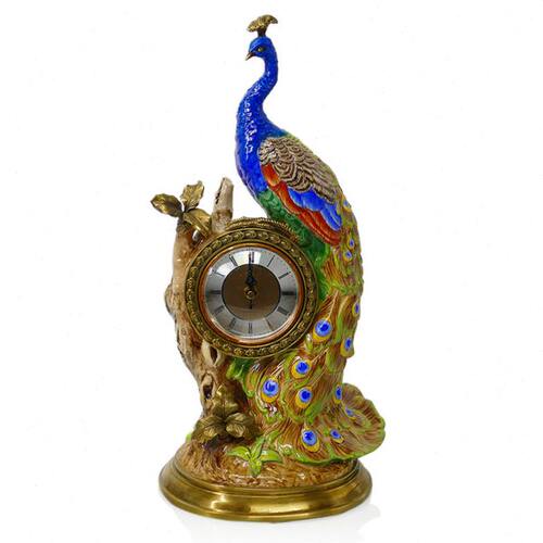 欧式孔雀钟表创意台钟座钟家居饰品奢华陶瓷配铜彩绘工艺品摆件