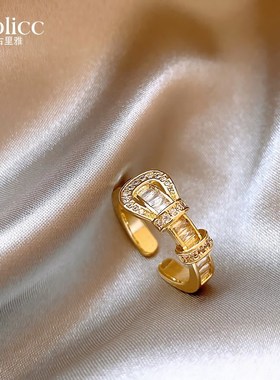 2025新款e爆款轻奢高级感马蹄扣锆石开口戒指女款金色指环尾戒小