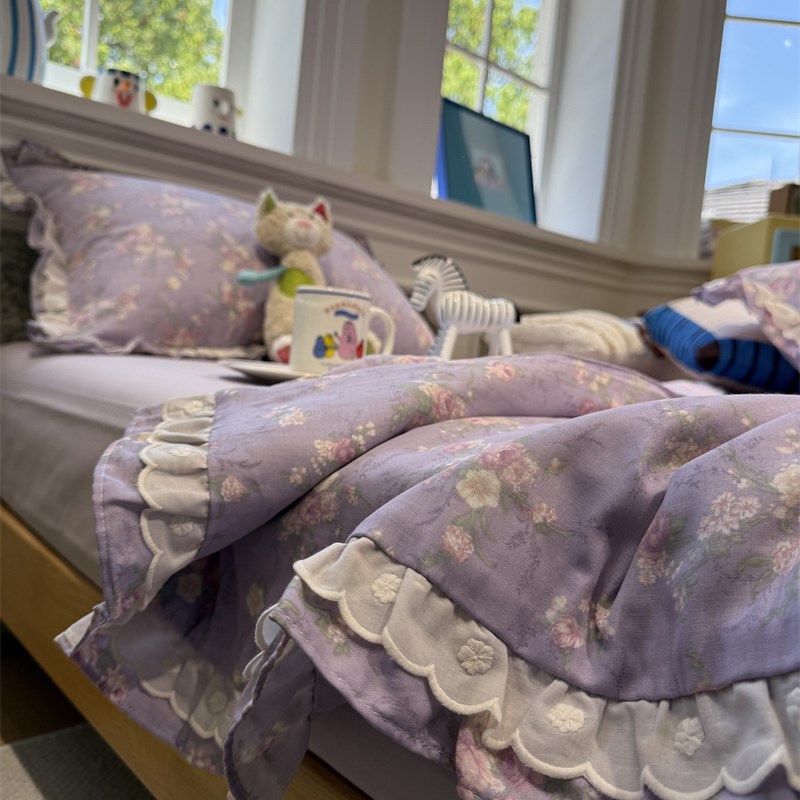 少女心双花边双层纱梦幻紫碎花夏凉被四J件套超舒适柔软空调薄被