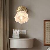 饰玻璃壁灯 玫瑰花卧室床头灯客厅唯美装 全铜法式 奶油风复古壁灯