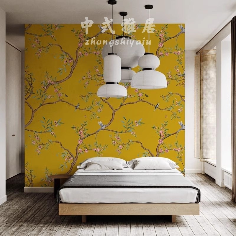 轻奢中式黄色花鸟高级感壁纸客厅C定制法式墙纸卧室电视背景墙墙