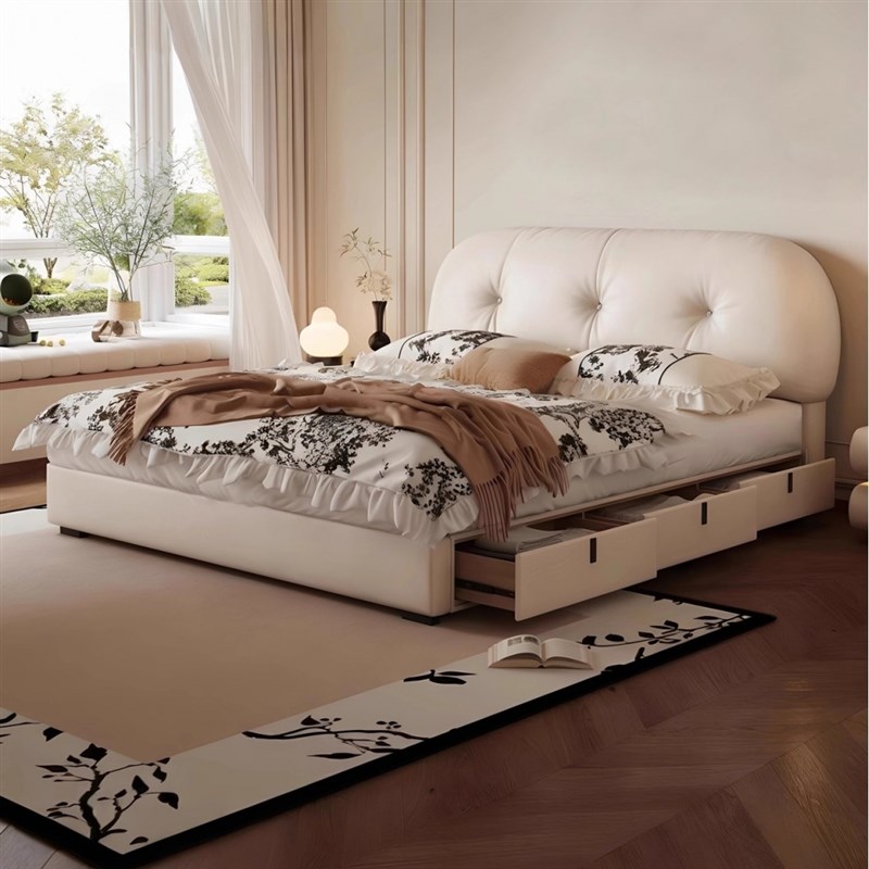 白色吐司O床覆古奶油风主卧双人床法式中古风齐边储物真皮床