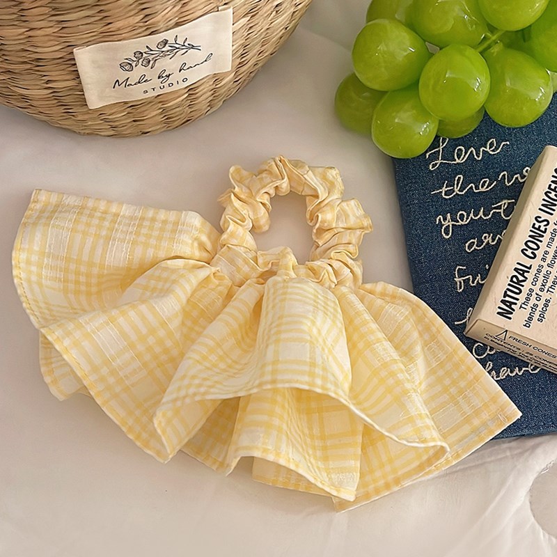 夏日清新黄格子裙摆头花发圈2x025新款气质大肠圈扎马尾头绳发绳