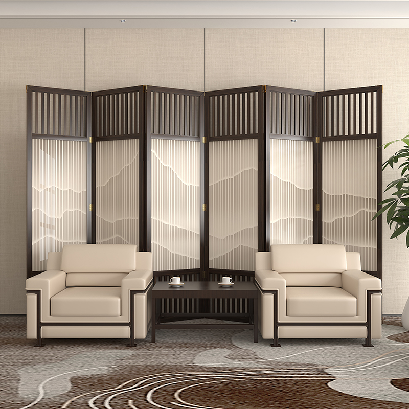 实木屏风a折叠移动会议办公室饭店酒店艺术玻璃新中式隔断双面