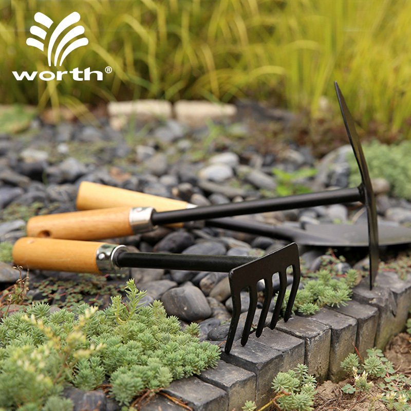 沃施worth园艺养花种菜木柄铲子3件套家用盆栽种植花铲锄头工具