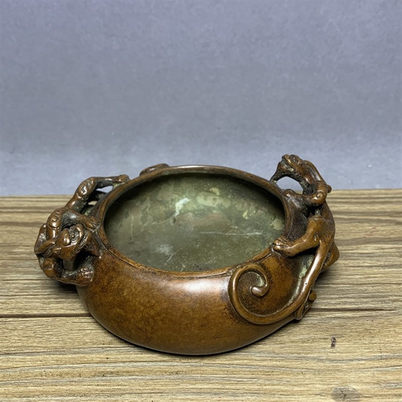 古玩老货纯铜笔洗摆件璃龙黄铜文房笔洗烟灰缸平底铜香炉佛具收藏