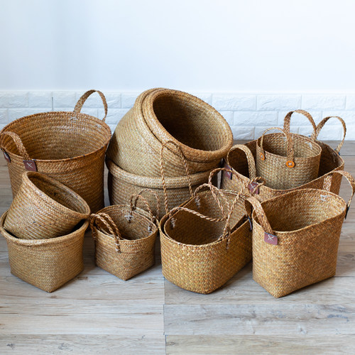 手工收纳盒家用草k编储物框桌面储物盒厨房杂物整理框阳台花盆套