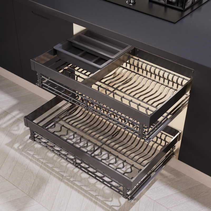 纳米拉篮厨房橱柜双层抽屉式碗架304不锈O钢厨柜抽拉碗碟盘碗篮