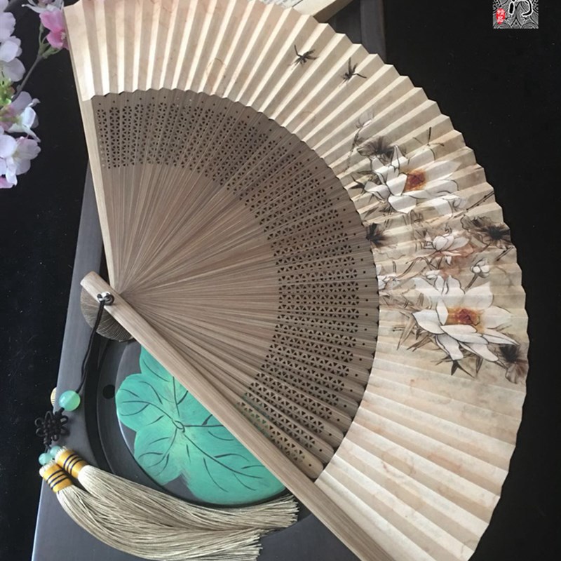 中国风国画e6寸女古典折扇子纸扇双面串竹扇礼品扇香扇工艺扇礼品