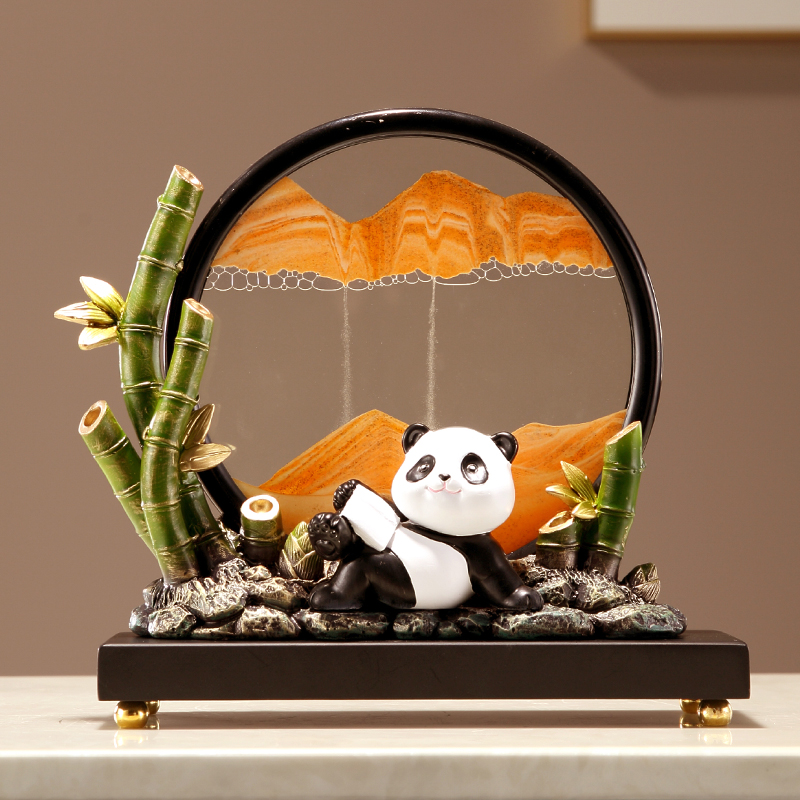 新中式卡通熊猫流l沙画摆件客厅玄关酒柜电视柜装饰品乔迁生日礼