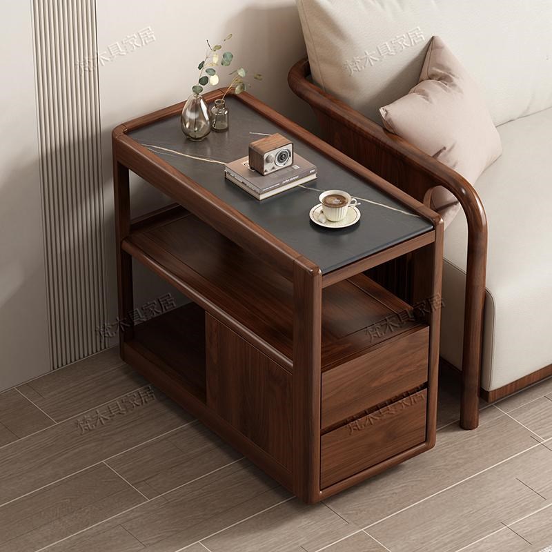 北美黑胡桃木沙发边柜小户型岩板边几客厅带轮可移动小茶几侧边柜