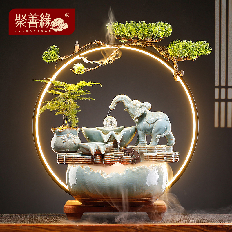 创意招财流水摆件循环水转运球玄关办公室L大象装饰品公司开业礼