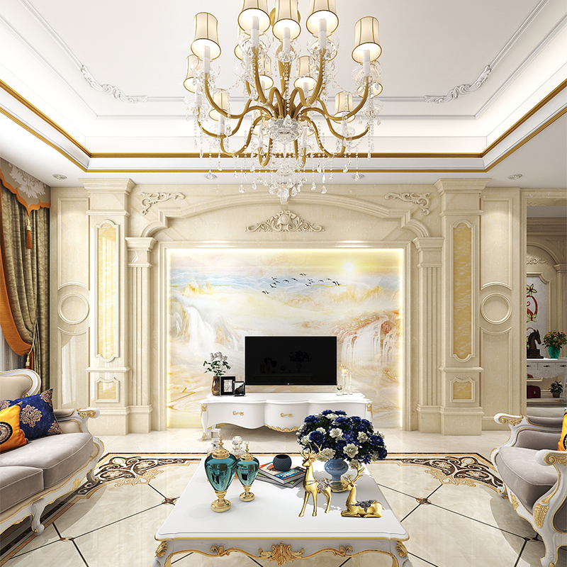 客厅石材a电视墙简欧护墙板罗马柱影视墙金镶石订制造型岩板背景