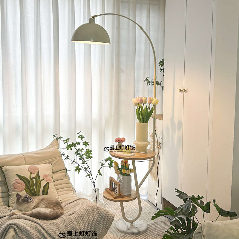 奶油风沙发旁边的落地灯客厅装饰摆件置物架卧室床头Y柜台灯一体