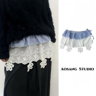 系带蓝小格屁帘女百搭叠穿层次感装饰腰封花边腰带配裙子雪花款