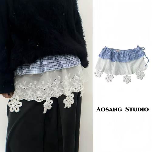 系带蓝小格屁帘女百搭叠穿腰带