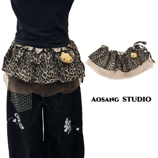 美拉德风屁帘秋冬新款荷叶大门半身裙棕色豹纹系带耳边短款屁帘