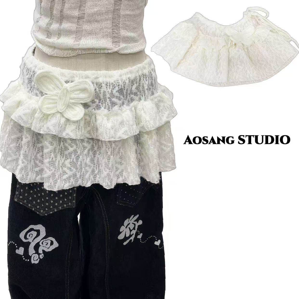 春夏新款蕾丝重工系带耳边短款围裙屁帘帘女半身裙搭配装饰