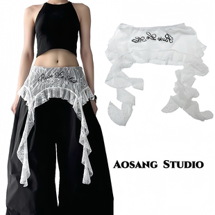 美式复古飘逸蕾丝屁帘流苏女辣妹爵士舞腰搭叠穿摆半身裙