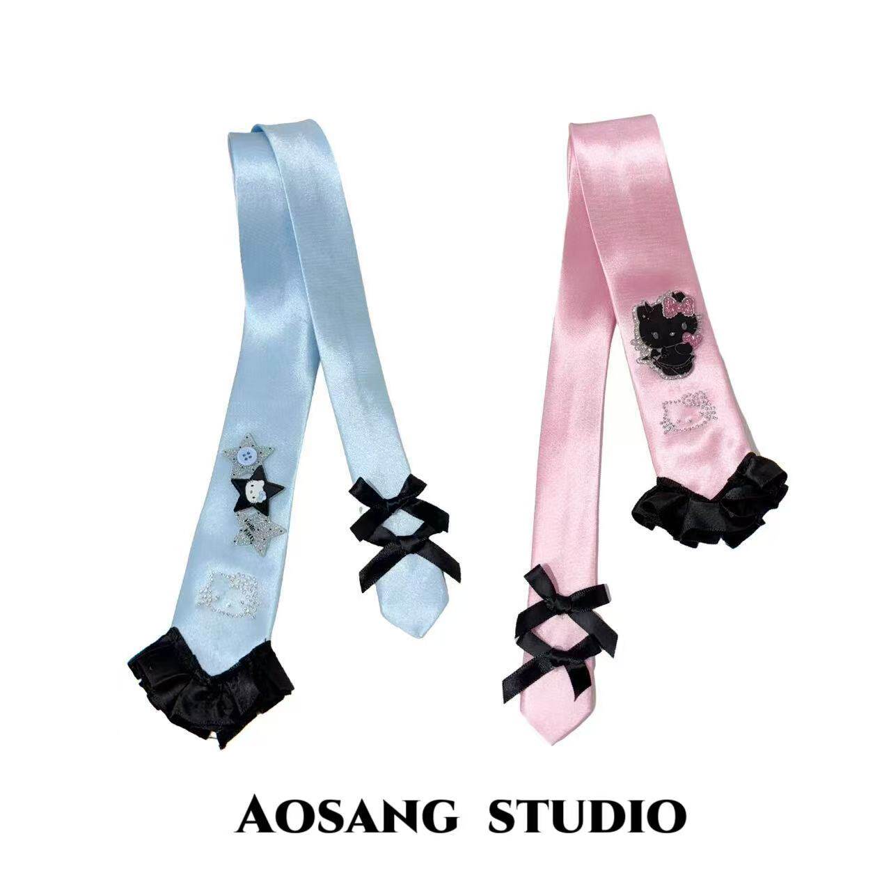 日韩ins小众卡通猫咪领带素色手打配饰男女同款新潮纯色高级领带