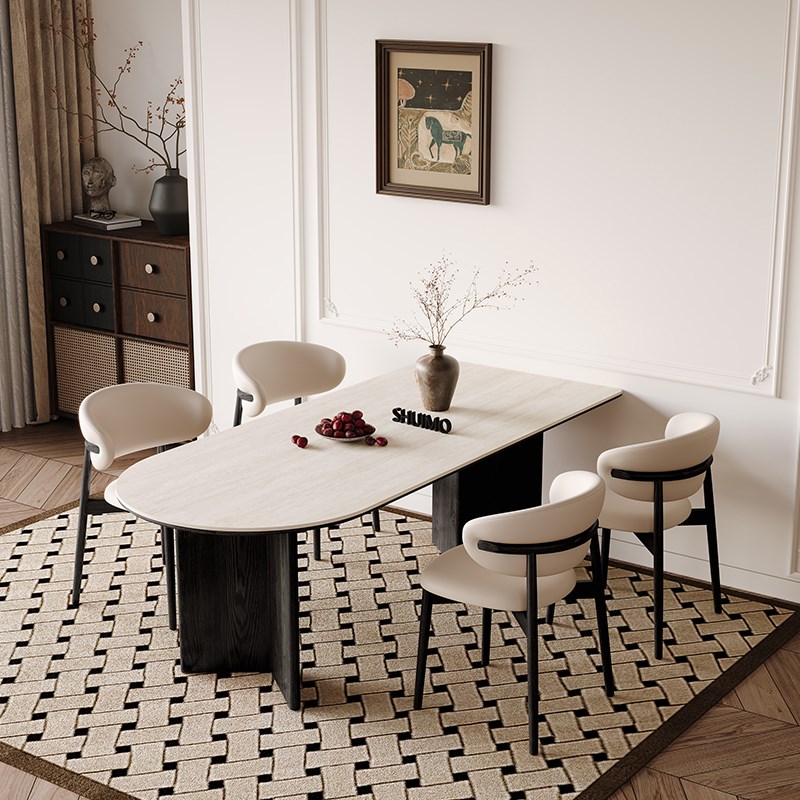 德利丰岩c板洞石法式餐桌家用小户型轻奢奶油半圆长方形餐桌子客