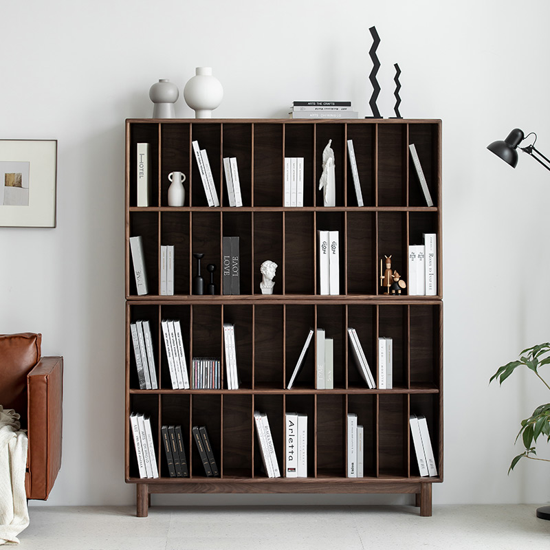 北欧黑胡桃e木组合书柜落地实木收纳柜置物架客厅书房简约格子书