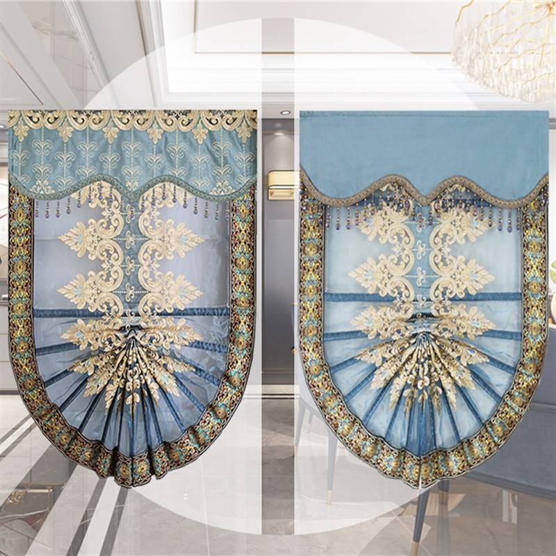 轻奢欧式绣花纱帘蓝灰色升降扇形帘罗马帘厨房P餐厅窗帘含升降轨