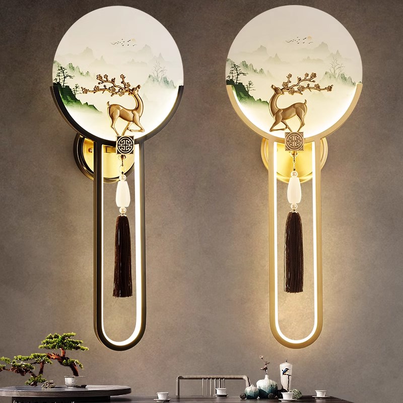 福禄新中式壁灯全铜n客厅背景墙壁灯楼梯过道玄关卧室床头灯免接