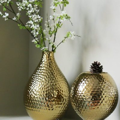 北欧轻奢电镀金色圆形金属色陶瓷花器仿brass黄铜花瓶装饰品摆件