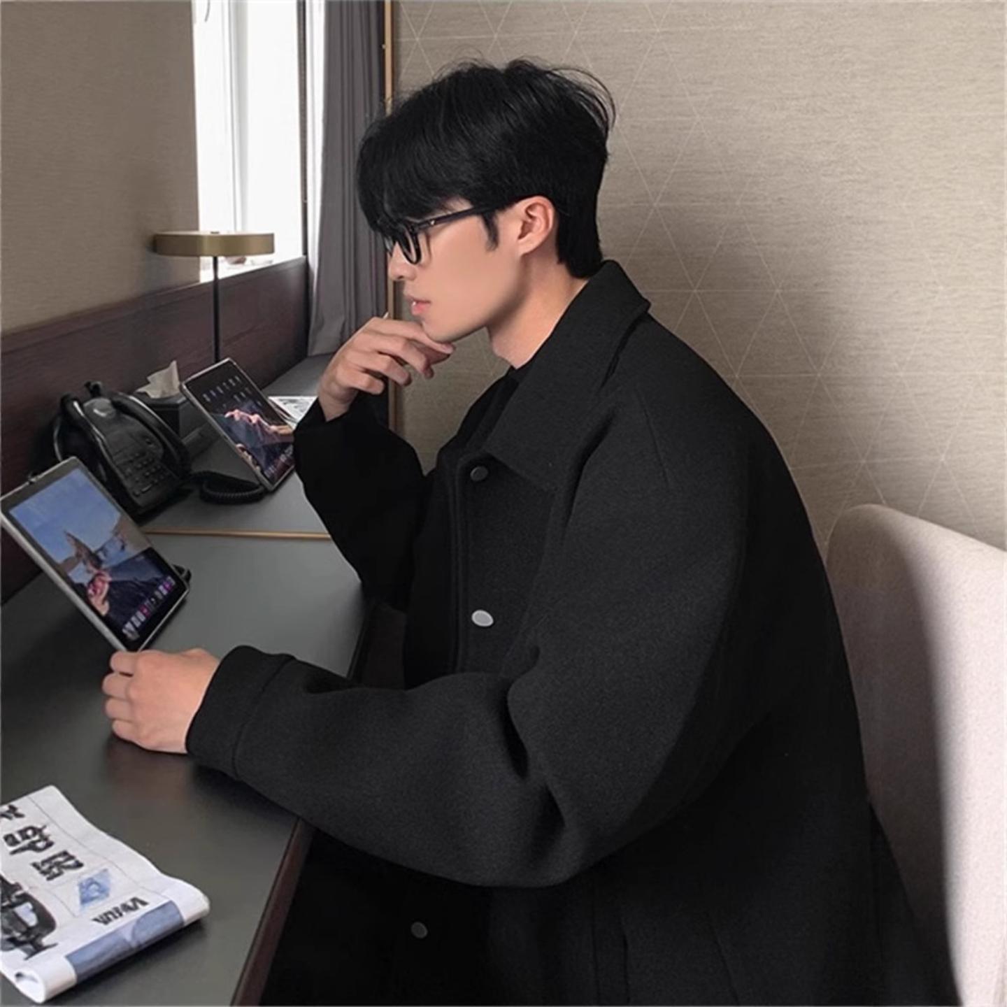 灰色翻领毛呢夹克男外套