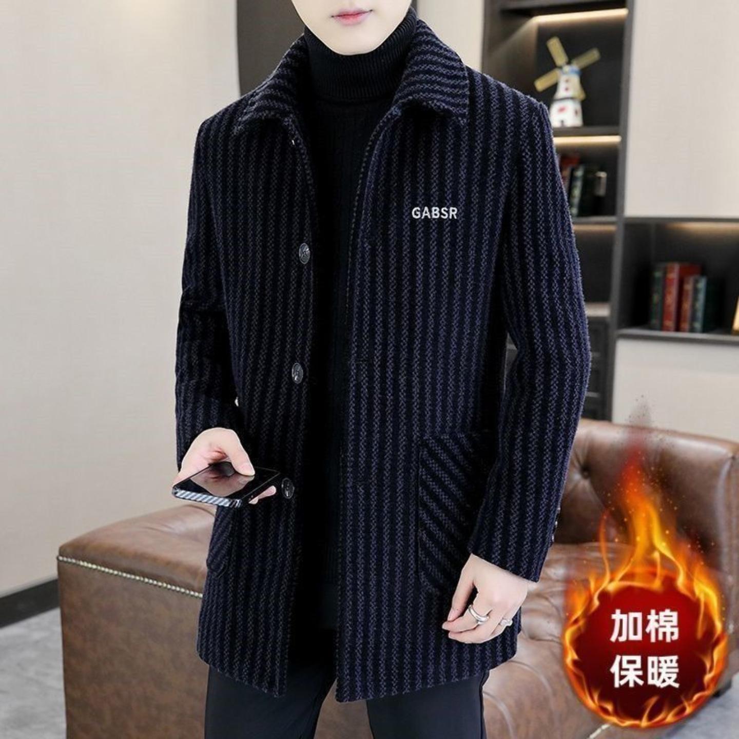 冬季加绒毛呢男中长风衣