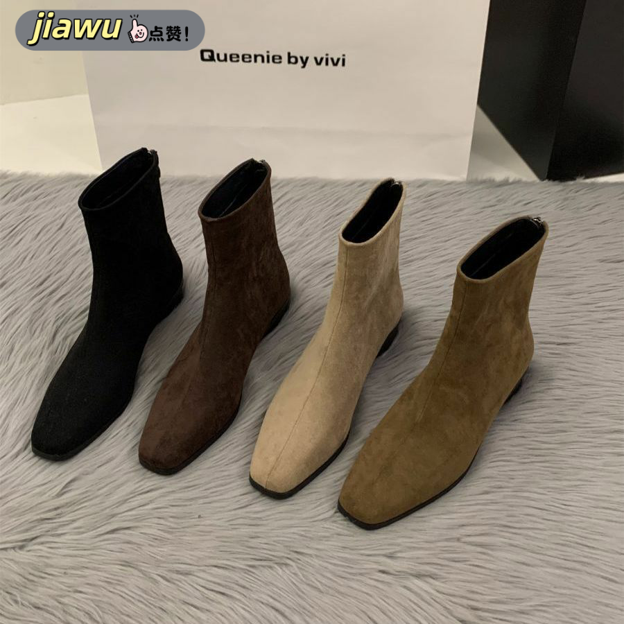 韩版新款粗跟绒面韩系小时装靴