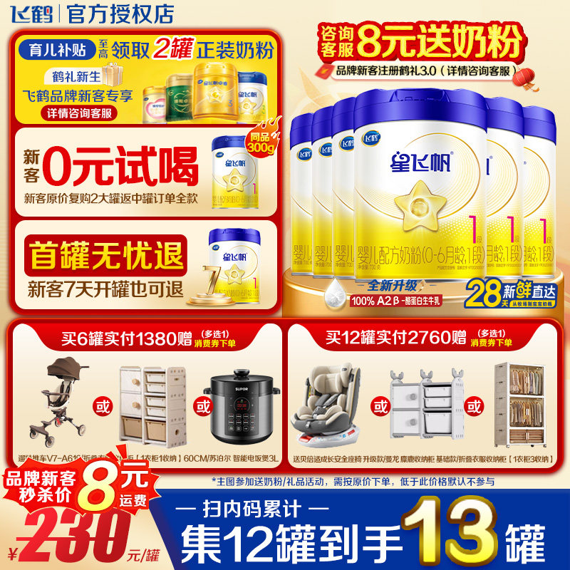 注册集12得15】飞鹤星飞帆1段700g6罐升级A2奶源一段新生儿奶粉