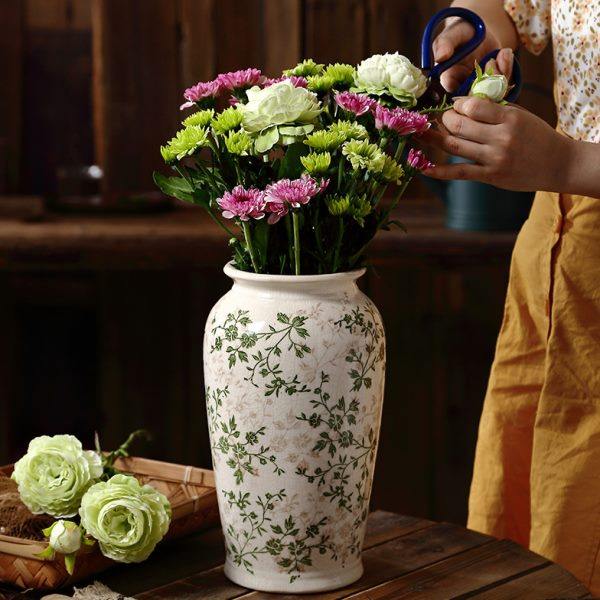 中式复古风手工陶瓷花瓶绿碎花冰裂纹客厅插花摆件大口径水培陶罐,家居饰品,花瓶,淘宝优惠券,粉丝福利购,淘宝优惠卷